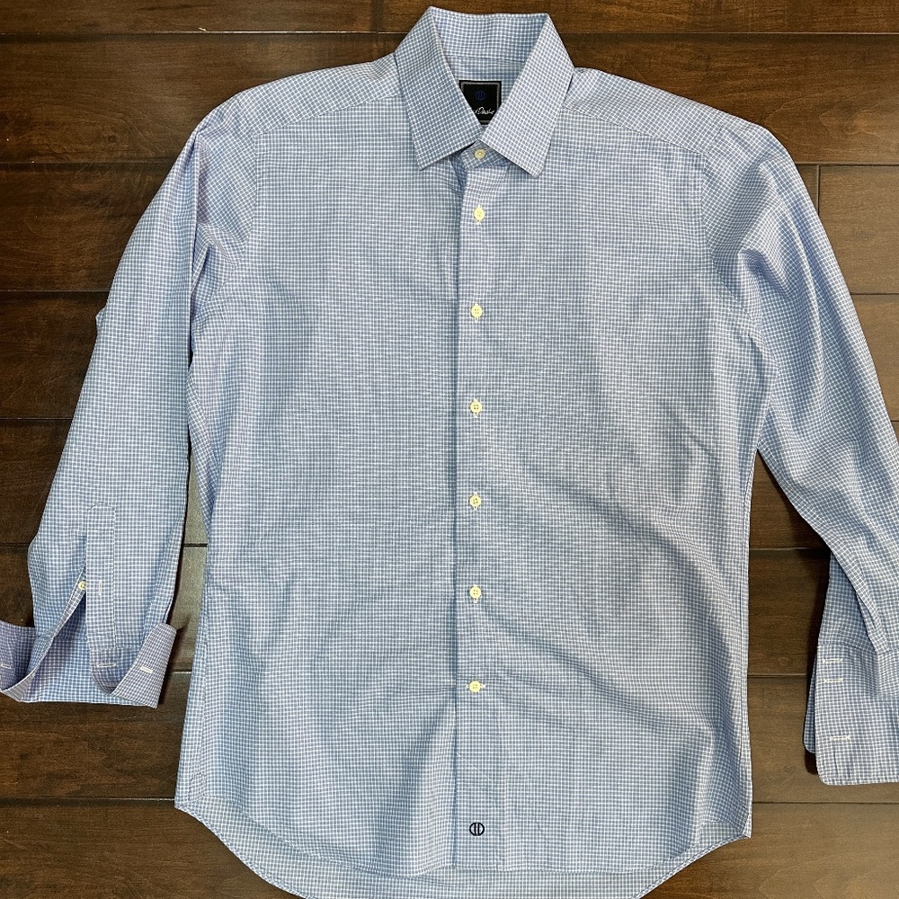 David Donahue Men's Blue White Check Long Sleeve French Cuff Shirt